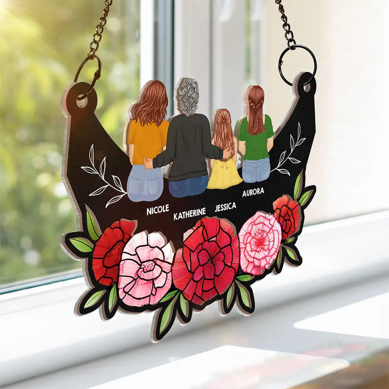 Gift For Yourself, Gift For Women, Gift For Mother, Mom - Daughters (Adult), Mom - Daughters (Young), Mom - Sons, Mom - Children, Gift For Grandma, Grandma - Grandkids, Love, Afro Mom - Grandma Mom And Children Sitting On Floral Moon - Personalized Window Hanging Suncatcher Ornament