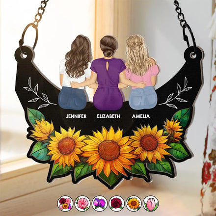 Grandma Mom And Children Sitting On Floral Moon - Personalized Window Hanging Suncatcher Ornament