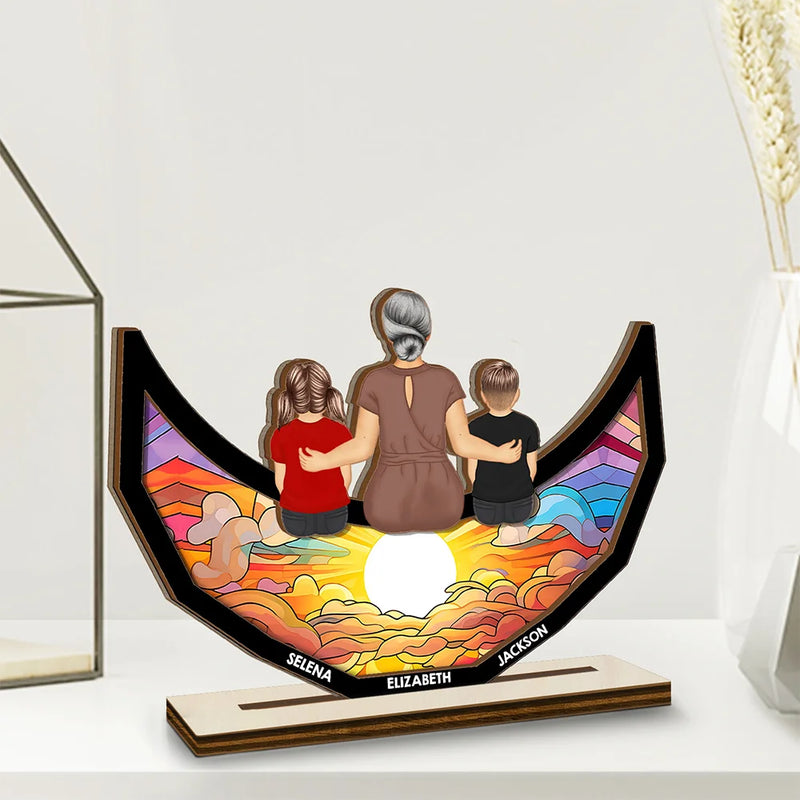 Gift For Grandma, Grandma - Grandkids, Gift For Mother, Happy - Grandma Mom And Children Sitting On The Moon - Personalized Custom Shaped 2-Layered Wooden Plaque