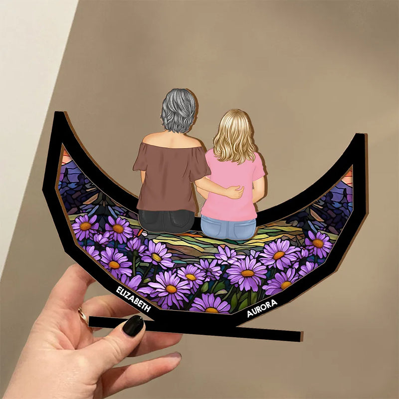 Gift For Grandma, Grandma - Grandkids, Gift For Mother, Happy - Grandma Mom And Children Sitting On The Moon - Personalized Custom Shaped 2-Layered Wooden Plaque