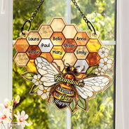 Gift For Grandma,Grandma - Grandkids,Happy - Grandma Mom Bee Stained Glass Effect - Personalized Window Hanging Suncatcher Ornament