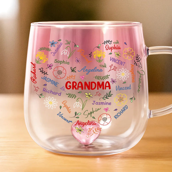 Gift For Grandma, Gift For Mother, Love, Happy - Grandma Mom Birth Flower Blooming In Love - Personalized Gradient Glass Mug