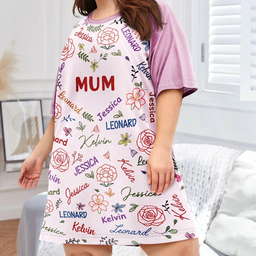 Gift For Grandma,Gift For Mother,Love,Happy - Grandma Mom Birth Flower Blooming In Love - Personalized Women's Sleep Tee