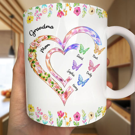 Grandma Mom Crystal Hearts - Personalized White Edge-to-Edge Mug