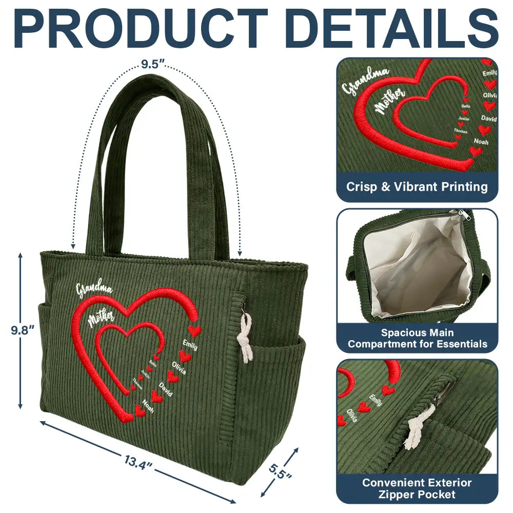 Happy, Gift For Wife, Gift For Yourself, Gift For Women, Gift For Mother, Gift For Grandma - Grandma Mom Sweethearts - Personalized Corduroy Tote Bag