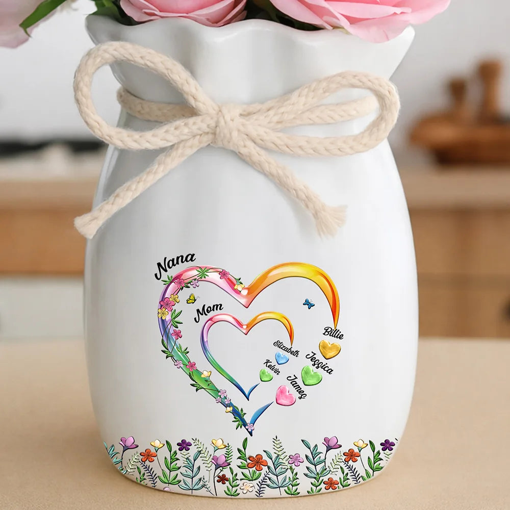Grandma Mom Sweethearts 3D Effect Faux Ceramic Glaze - Personalized Ribbon Tie Flower Vase