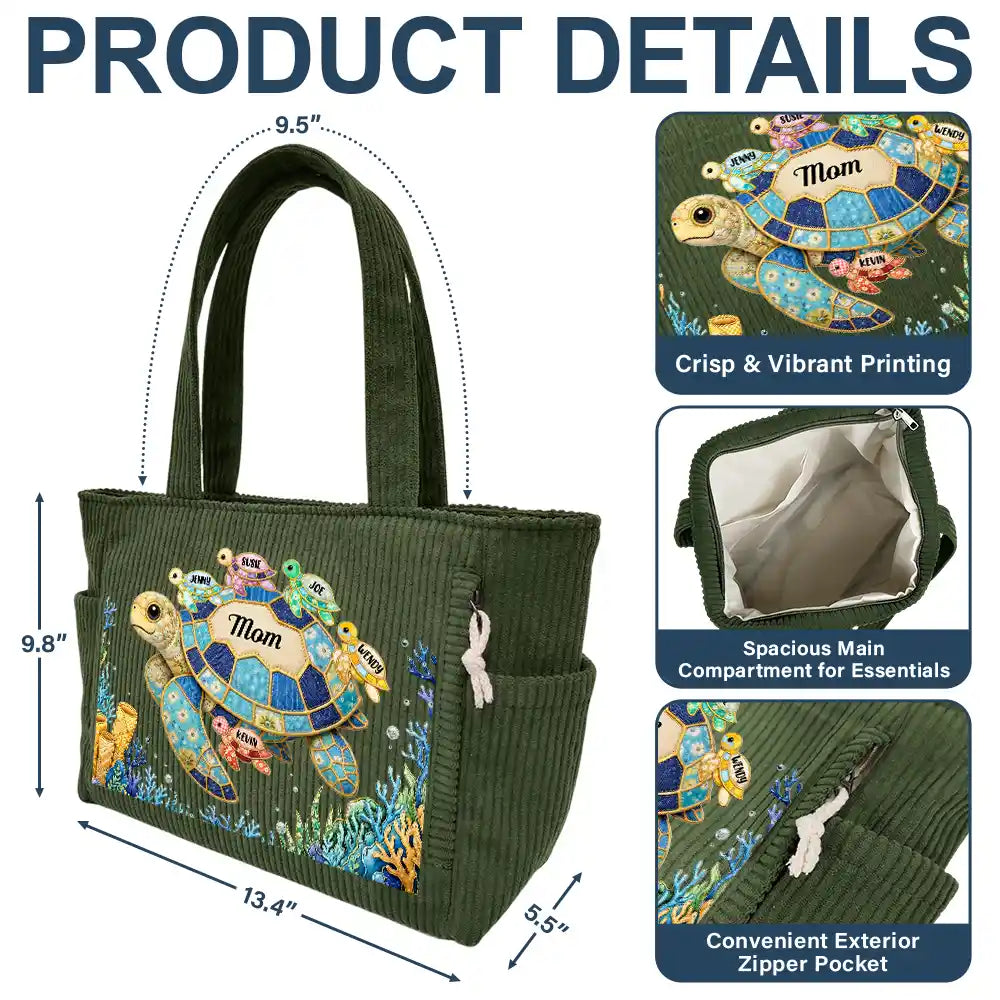 Happy,Gift For Wife,Gift For Yourself,Gift For Women,Gift For Mother,Gift For Grandma,Icon - Grandma Mom Turtle Faux Patchwork - Personalized Corduroy Tote Bag
