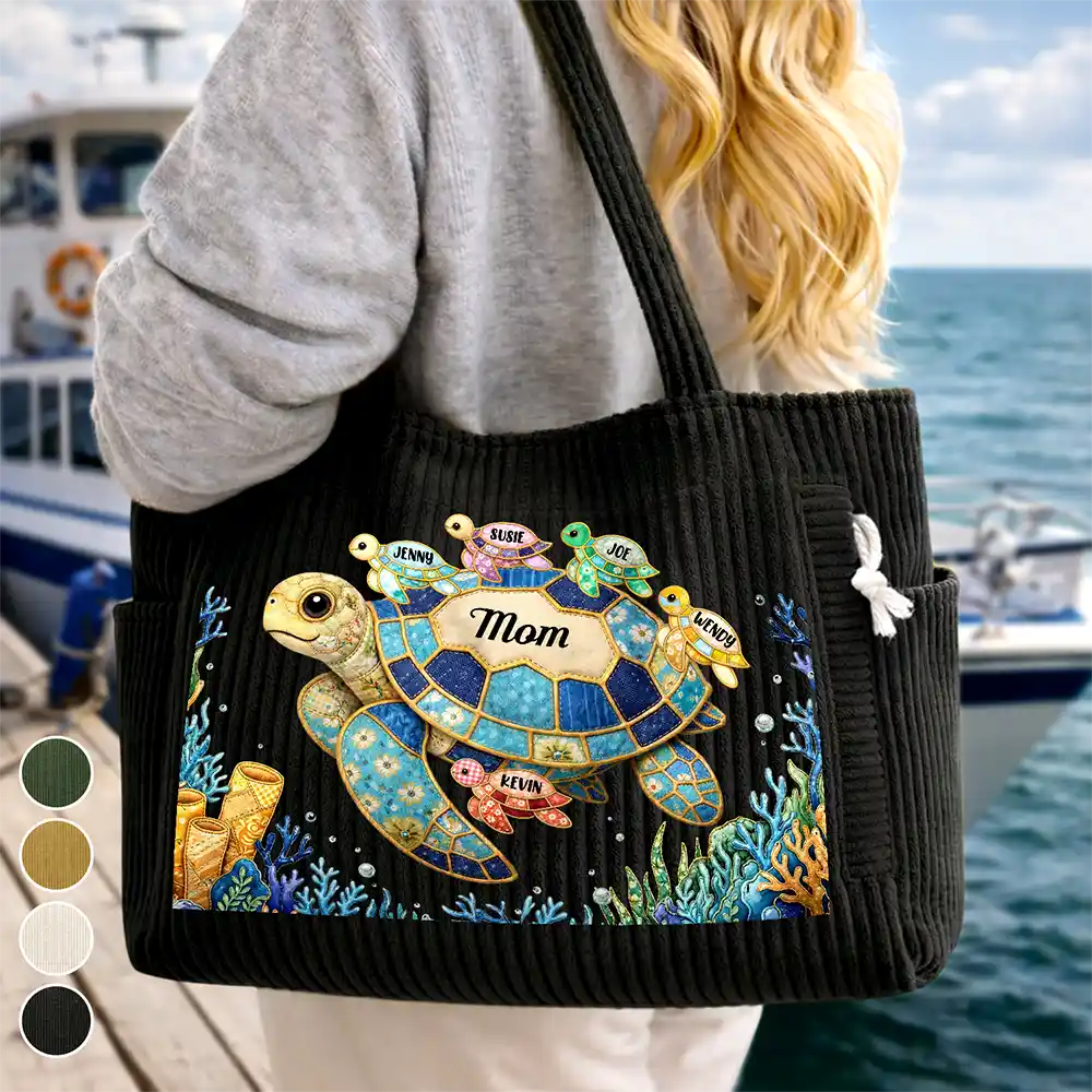 Happy,Gift For Wife,Gift For Yourself,Gift For Women,Gift For Mother,Gift For Grandma,Icon - Grandma Mom Turtle Faux Patchwork - Personalized Corduroy Tote Bag