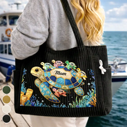 Happy,Gift For Wife,Gift For Yourself,Gift For Women,Gift For Mother,Gift For Grandma,Icon - Grandma Mom Turtle Faux Patchwork - Personalized Corduroy Tote Bag