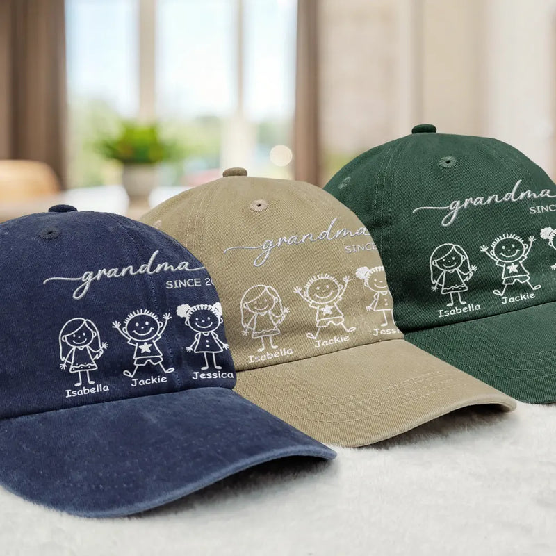Gift For Grandma,Grandma,Grandkids,Happy - Grandma Nana Gigi Since - Personalized Vintage Washed Denim Cap