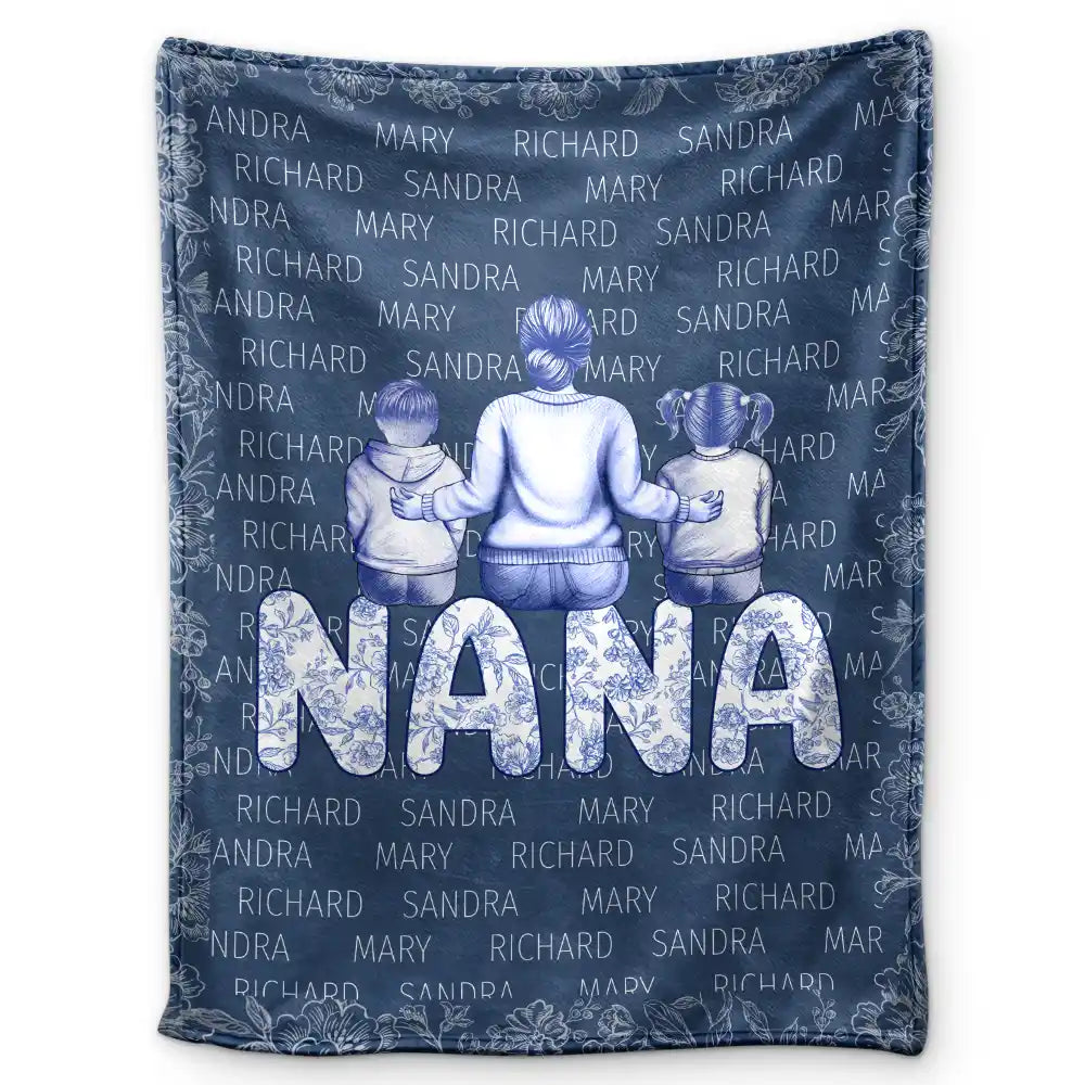 Grandma Nana Toile Back View Family - Personalized Fleece Blanket, Sherpa Blanket