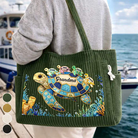 Grandma Mom Turtle Faux Patchwork - Personalized Corduroy Tote Bag
