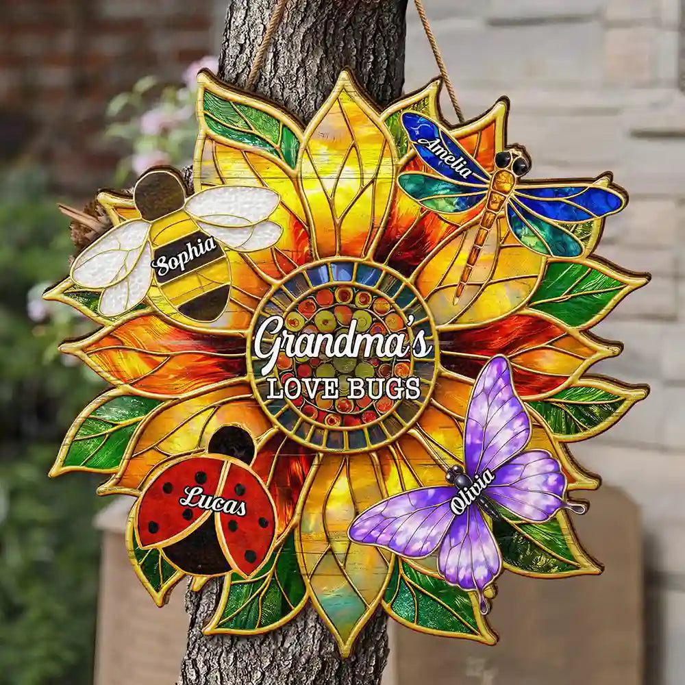 Gardening,Gift For Grandma,Grandma's Hobby,Happy - Grandma's Love Bugs Stained Glass Effect - Personalized Custom Shaped Wood Sign