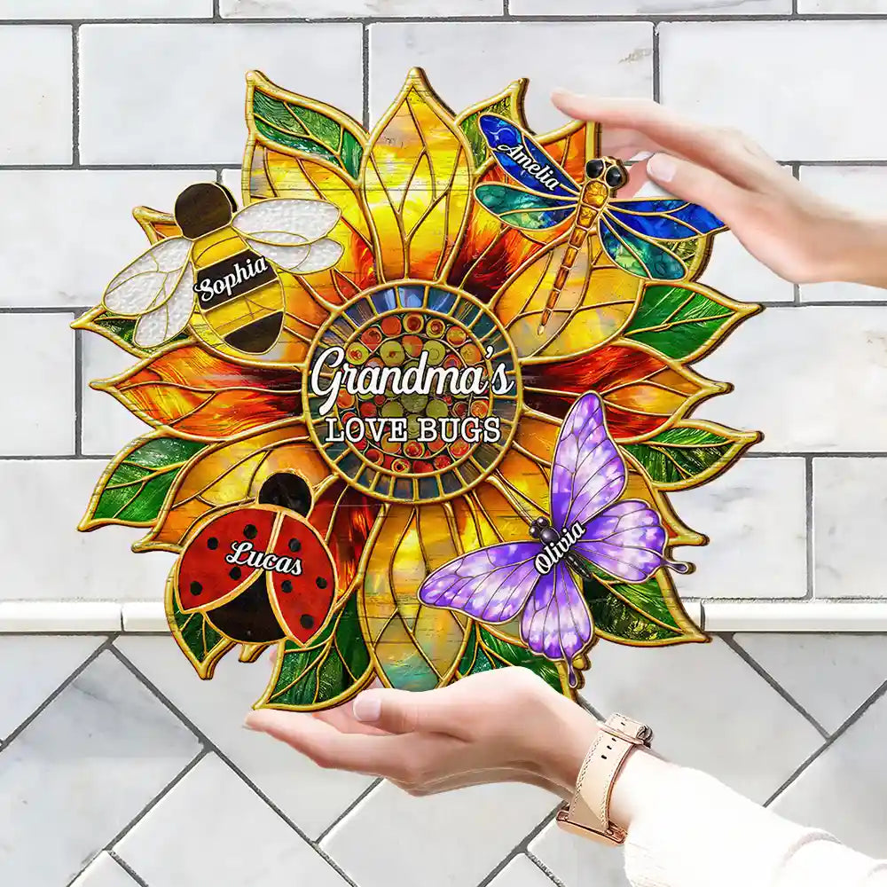 Gardening,Gift For Grandma,Grandma's Hobby,Happy - Grandma's Love Bugs Stained Glass Effect - Personalized Custom Shaped Wood Sign