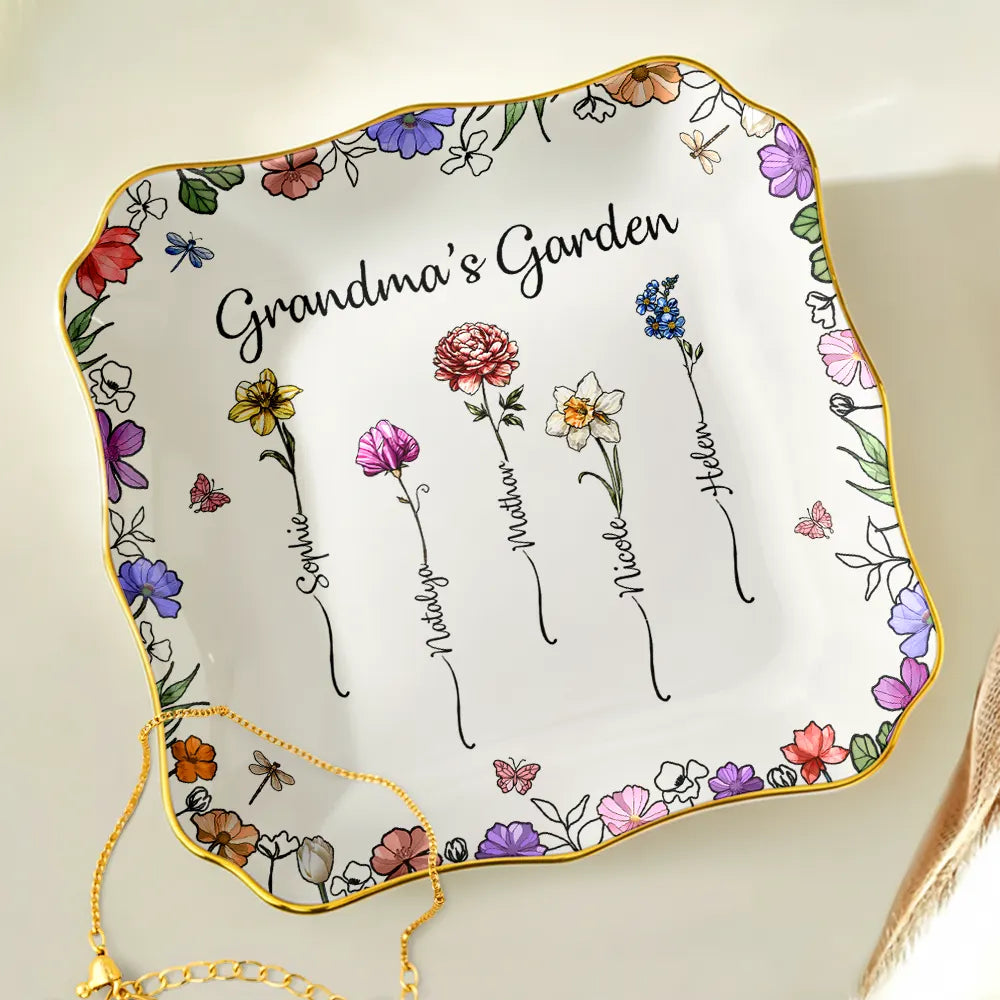 Gift For Grandma, Gift For Mother, Love - Grandma's Garden Birth Flower - Personalized Lace Square Jewelry Dish