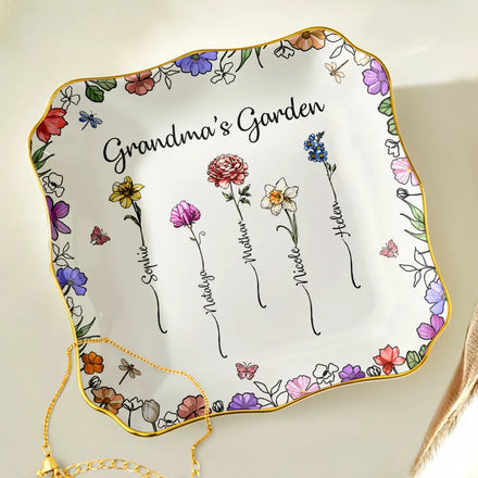 Grandma's Garden Birth Flower - Personalized Lace Square Jewelry Dish