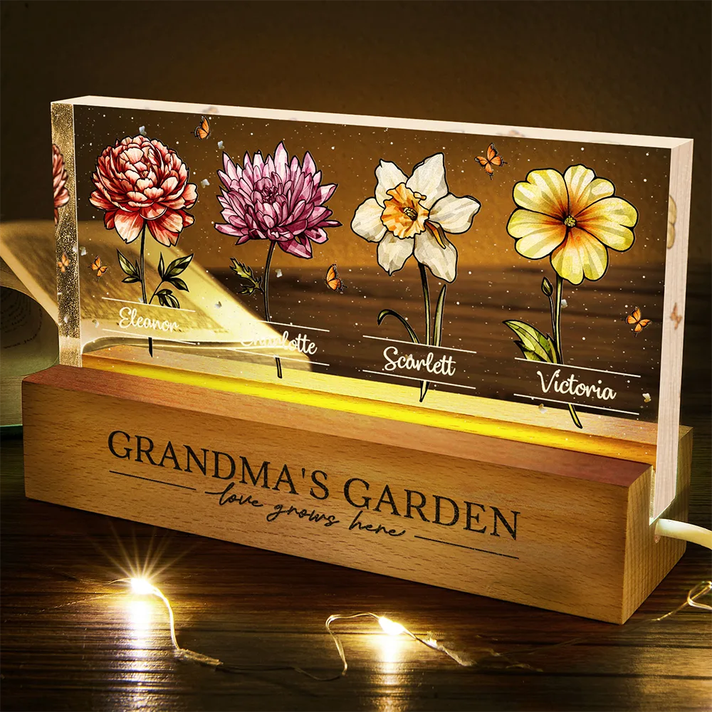 Gift For Grandma, Gift For Mother, Gift For Wife, Gift For Women, Happy - Grandma's Garden Birth Flowers - Personalized Rectangle LED Light