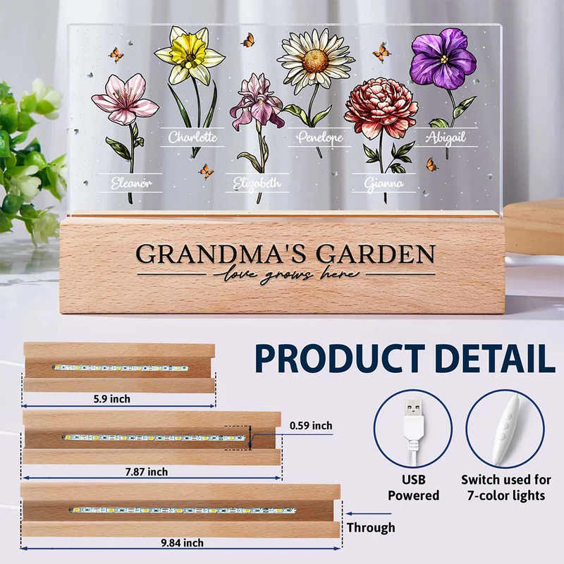 Gift For Grandma, Gift For Mother, Gift For Wife, Gift For Women, Happy - Grandma's Garden Birth Flowers - Personalized Rectangle LED Light