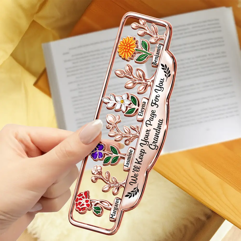 Gift For Grandma,Grandma - Grandkids,Happy - Grandma's Garden Birth Month Flower - Personalized Custom Shaped Metal Bookmark