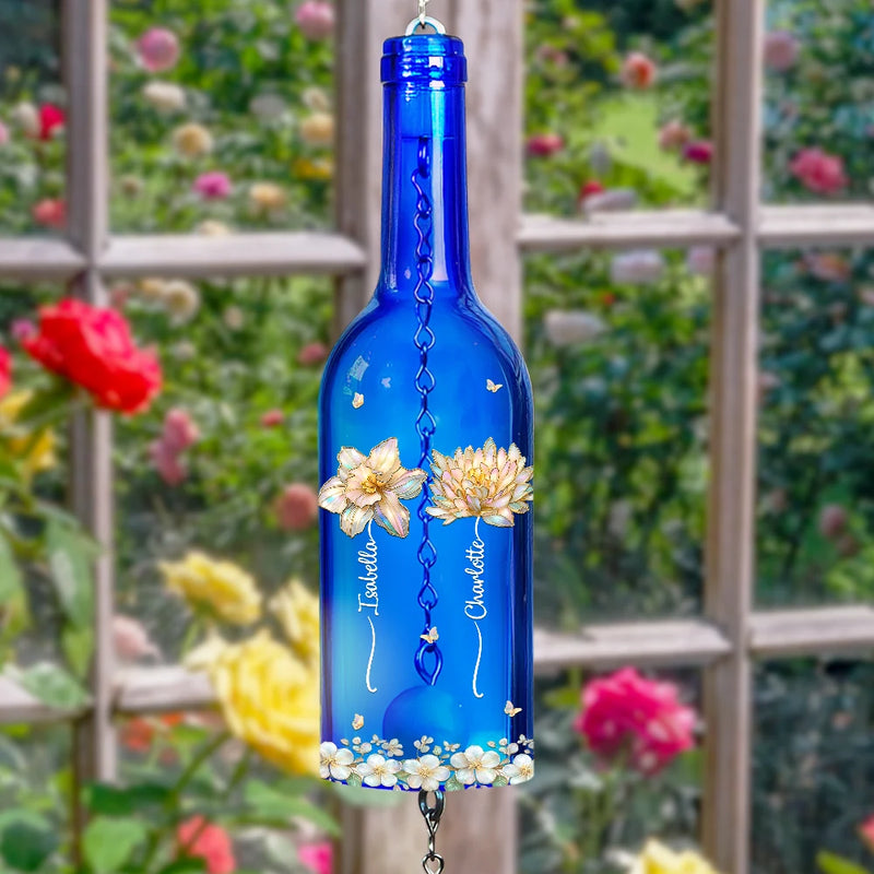 Gift For Mother, Gift For Grandma, Grandma - Grandkids, Family, Happy - Grandma's Garden Birth Month Flower - Personalized Wine Bottle Wind Chime