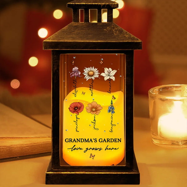 Gift For Grandma, Gift For Mother, Gift For Wife, Gift For Women, Happy - Grandma's Garden Birth Month Flowers - Personalized LED Candle Lantern