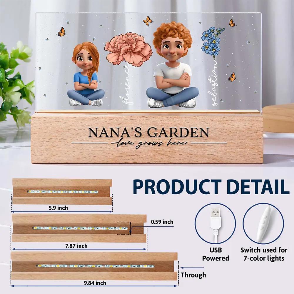 Gift For Grandma,Gift For Mother,Gift For Wife,Gift For Women,Happy - Grandma's Garden Birth Month Flowers 3D Effect Children - Personalized Rectangle LED Light