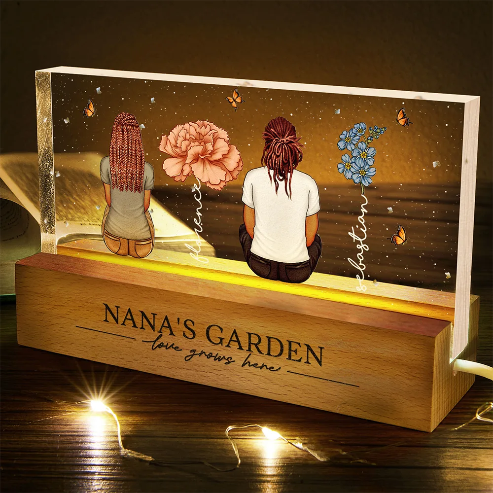 Gift For Grandma,Gift For Mother,Gift For Wife,Gift For Women,Happy - Grandma's Garden Birth Month Flowers Backside Children - Personalized Rectangle LED Light