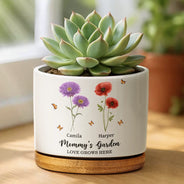 Gift For Mother, Gift For Grandma, Love - Grandma's Garden Faux Pressed Effect Birth Flower - Personalized Ceramic Plant Pot