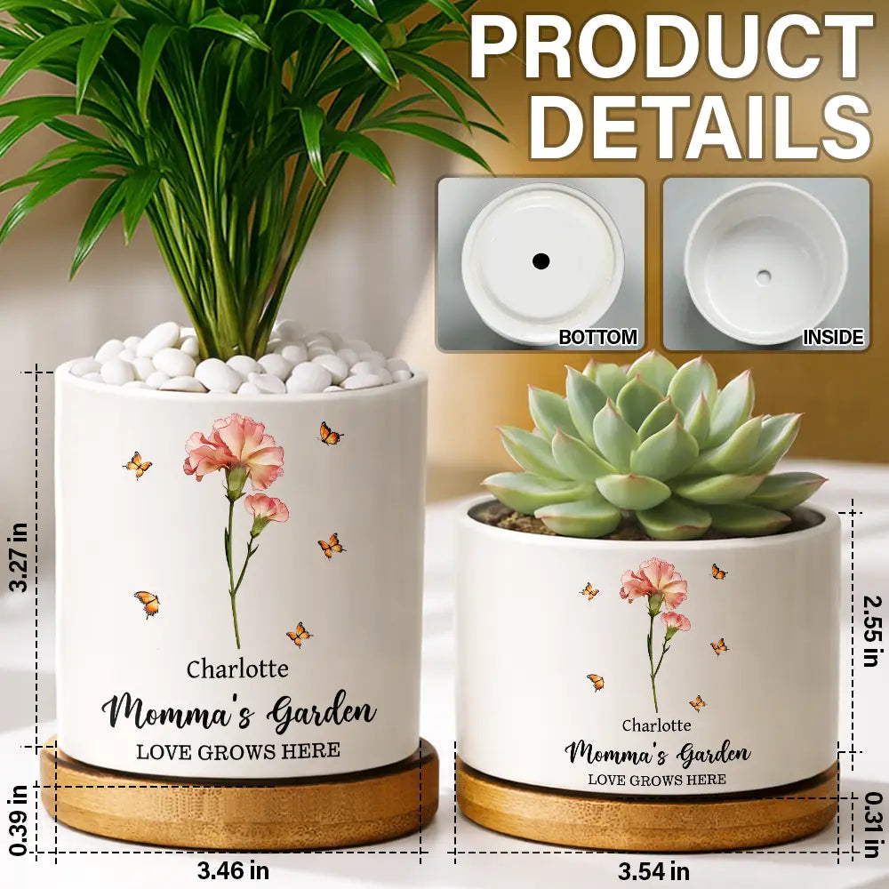 Gift For Mother, Gift For Grandma, Love - Grandma's Garden Faux Pressed Effect Birth Flower - Personalized Ceramic Plant Pot
