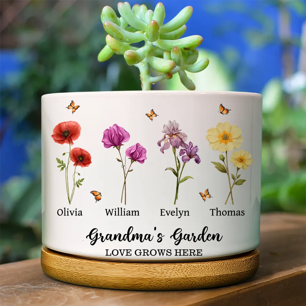 Gift For Mother, Gift For Grandma, Love - Grandma's Garden Faux Pressed Effect Birth Flower - Personalized Ceramic Plant Pot