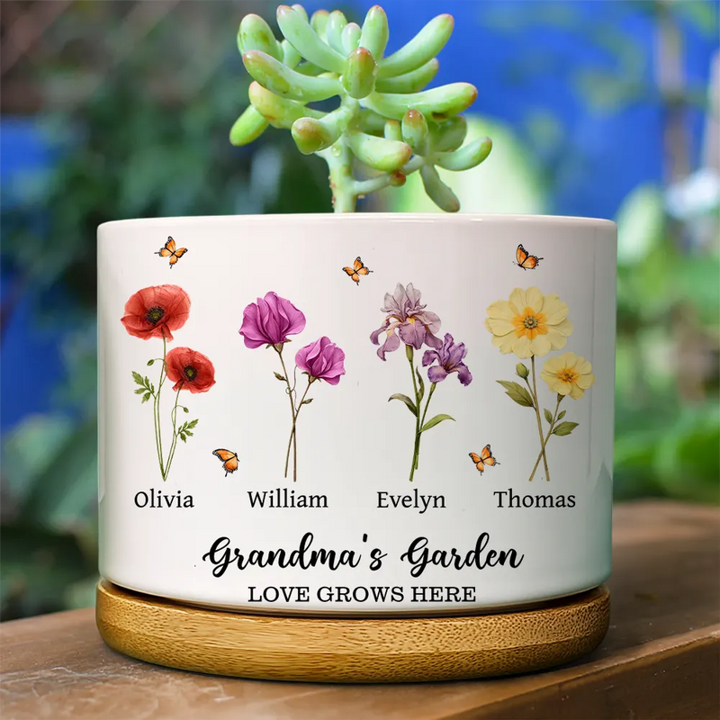 Gift For Mother, Gift For Grandma, Love - Grandma's Garden Faux Pressed Effect Birth Flower - Personalized Ceramic Plant Pot