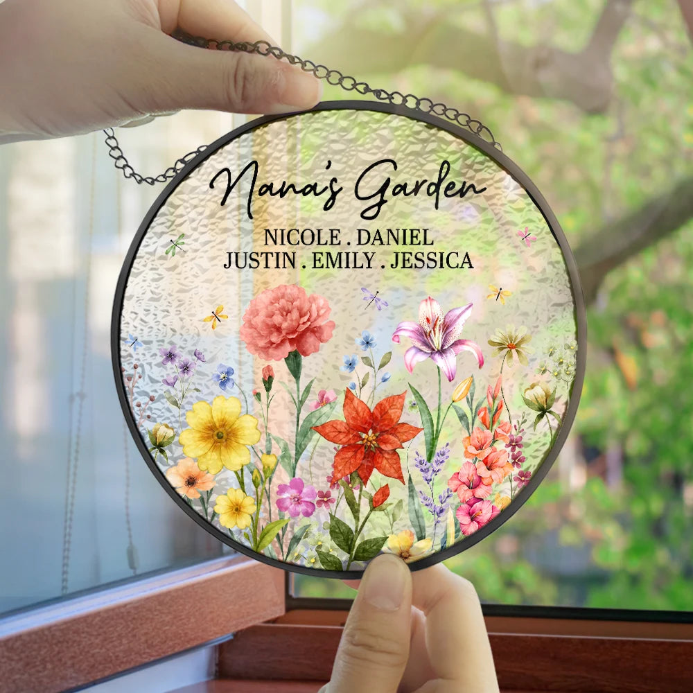 Gift For Grandma,Grandma - Grandkids,Grandma's Hobby,Happy - Grandma's Garden Floral - Personalized Stained Glass Window Hanging Suncatcher