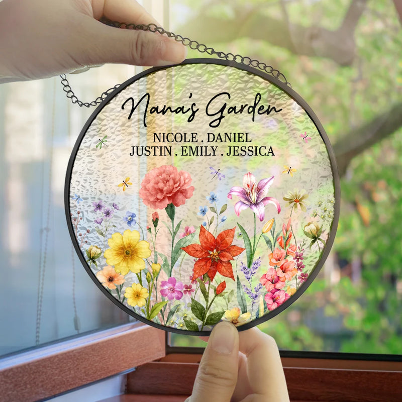 Gift For Grandma,Grandma - Grandkids,Grandma's Hobby,Happy - Grandma's Garden Floral - Personalized Stained Glass Window Hanging Suncatcher