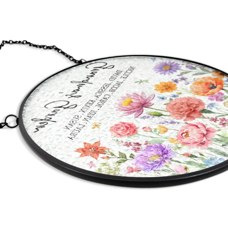 Gift For Grandma,Grandma - Grandkids,Grandma's Hobby,Happy - Grandma's Garden Floral - Personalized Stained Glass Window Hanging Suncatcher