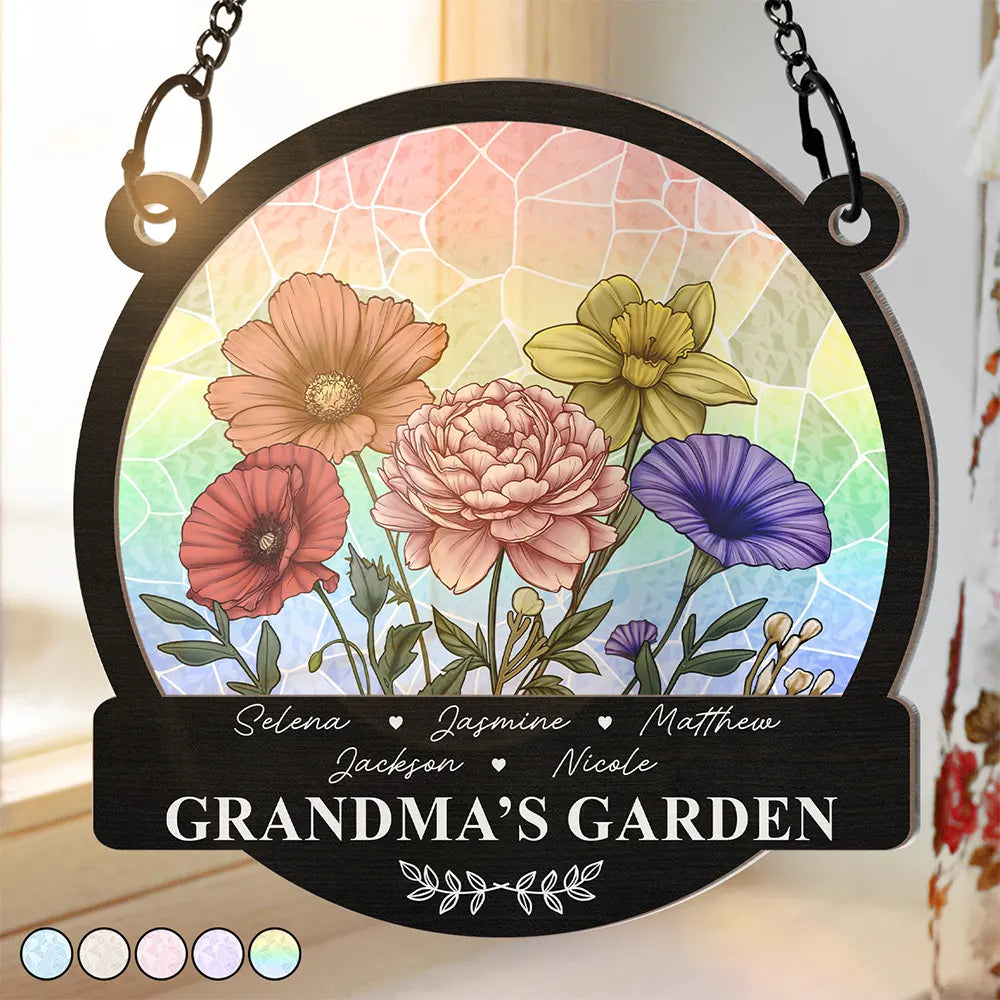 Grandma's Garden Nana Mom Nanny Birth Flowers - Personalized Window Hanging Suncatcher Ornament
