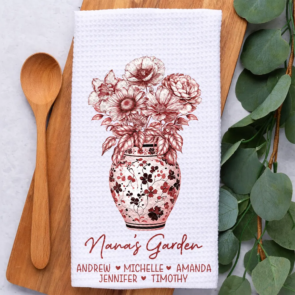 Gift For Wife, Gift For Mother, Gift For Grandma, Happy - Grandma's Garden Toile Birth Flower Vase - Personalized Kitchen Towel