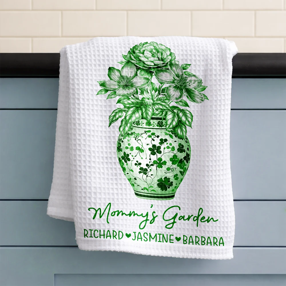 Gift For Wife, Gift For Mother, Gift For Grandma, Happy - Grandma's Garden Toile Birth Flower Vase - Personalized Kitchen Towel