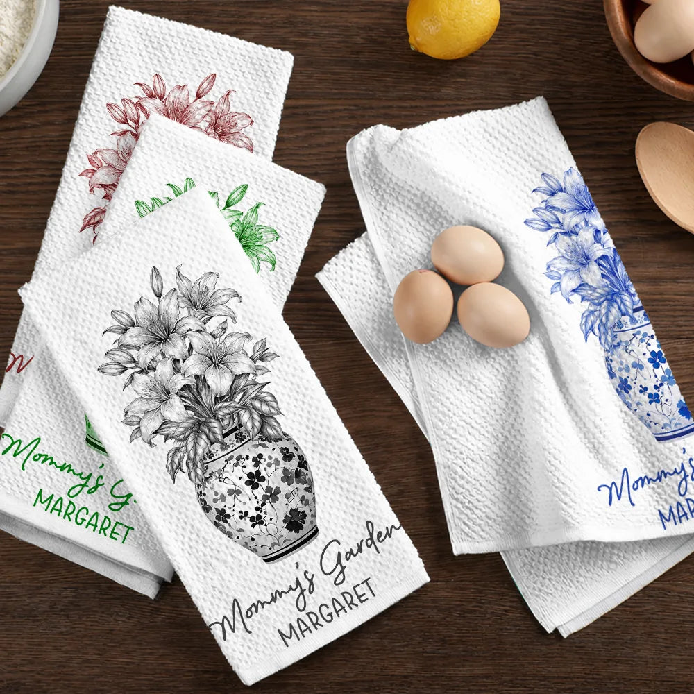 Gift For Wife, Gift For Mother, Gift For Grandma, Happy - Grandma's Garden Toile Birth Flower Vase - Personalized Kitchen Towel