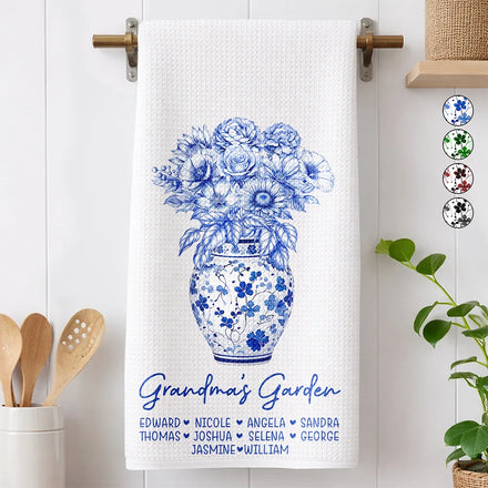 Grandma's Garden Toile Birth Flower Vase - Personalized Kitchen Towel