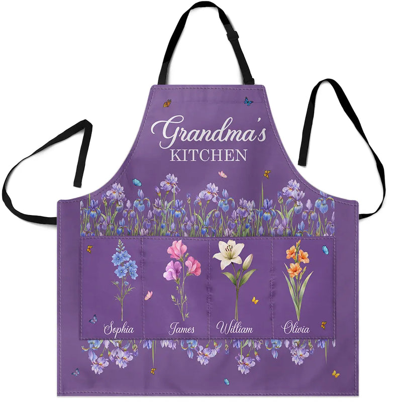 Gift For Mother,Gift For Grandma,Love - Grandma's Kitchen Watercolor Birth Month Flower - Personalized Apron