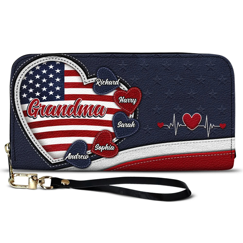 Gift For Mother,Gift For Grandma,Gift For Wife,Independence Day,Happy - Grandma's Little Sweethearts American - Personalized Leather Long Wallet