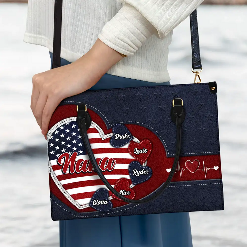 Gift For Mother, Gift For Grandma, Gift For Wife, Independence Day, Happy - Grandma's Little Sweethearts US Flag - Personalized Leather Bag