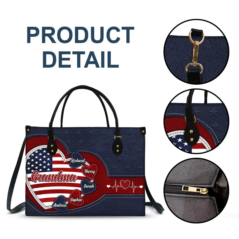 Gift For Mother, Gift For Grandma, Gift For Wife, Independence Day, Happy - Grandma's Little Sweethearts US Flag - Personalized Leather Bag