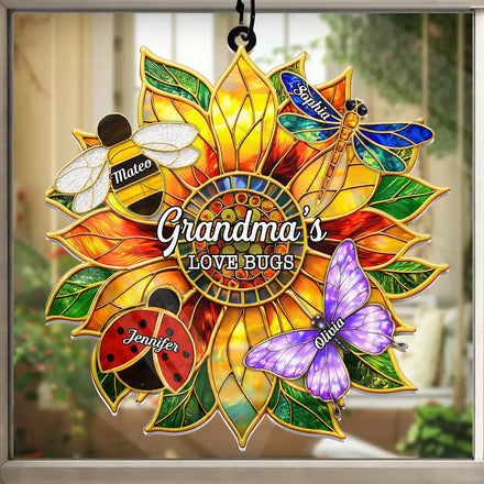 Grandma's Love Bugs Stained Glass Effect - Personalized Window Hanging Suncatcher Ornament