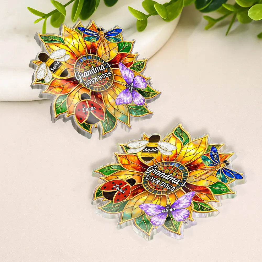 Gift For Grandma,Grandma - Grandkids,Grandma's Hobby,Gardening,Happy - Grandma's Love Bugs Stained Glass Effect - Personalized Acrylic Magnet