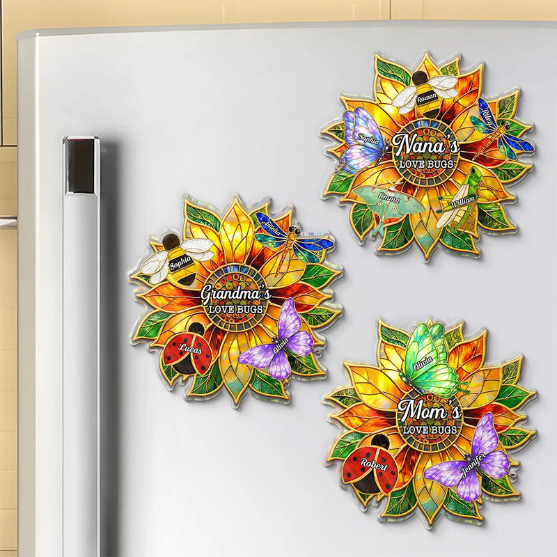 Gift For Grandma,Grandma - Grandkids,Grandma's Hobby,Gardening,Happy - Grandma's Love Bugs Stained Glass Effect - Personalized Acrylic Magnet