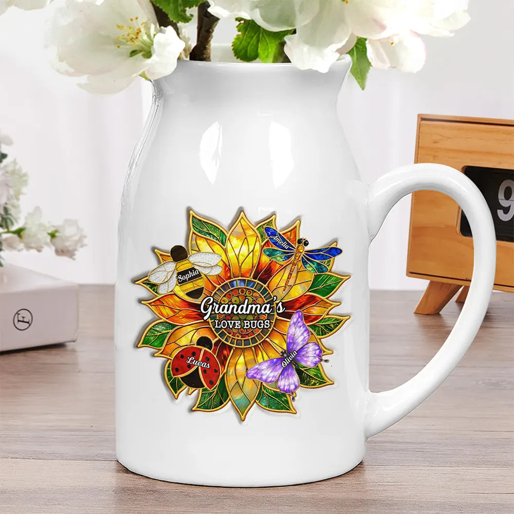 Gift For Grandma,Grandma - Grandkids,Grandma's Hobby,Gardening,Happy,Icon,Playful - Grandma's Love Bugs Stained Glass Effect - Personalized Ceramic Flower Vase