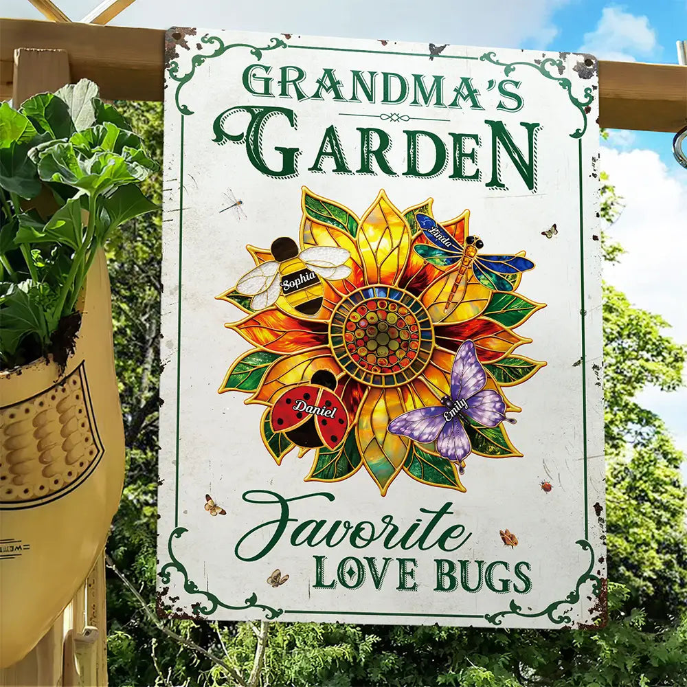 Gift For Grandma,Grandma - Grandkids,Grandma's Hobby,Gardening,Happy,Icon,Playful - Grandma's Love Bugs Stained Glass Effect - Personalized Classic Metal Signs