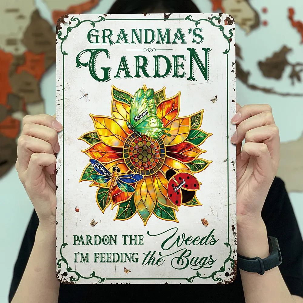 Gift For Grandma,Grandma - Grandkids,Grandma's Hobby,Gardening,Happy,Icon,Playful - Grandma's Love Bugs Stained Glass Effect - Personalized Classic Metal Signs