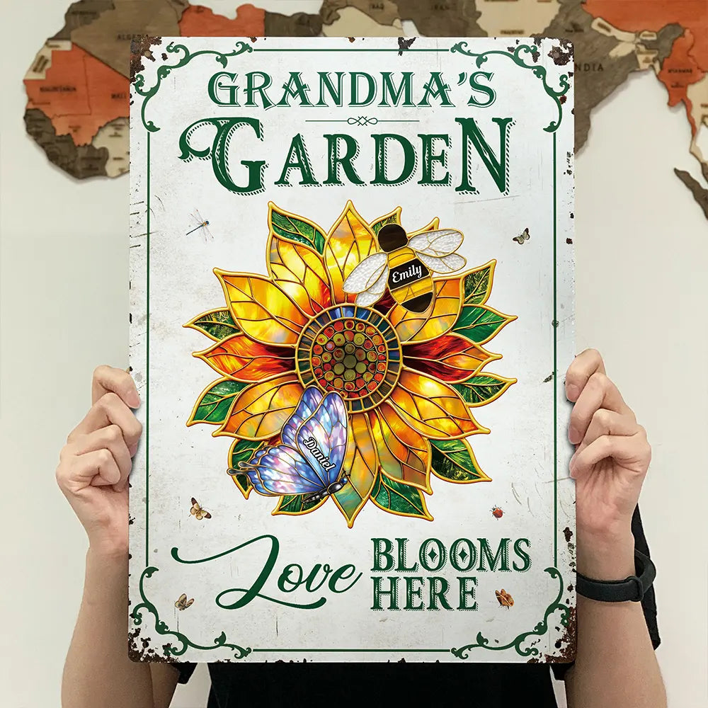 Gift For Grandma,Grandma - Grandkids,Grandma's Hobby,Gardening,Happy,Icon,Playful - Grandma's Love Bugs Stained Glass Effect - Personalized Classic Metal Signs